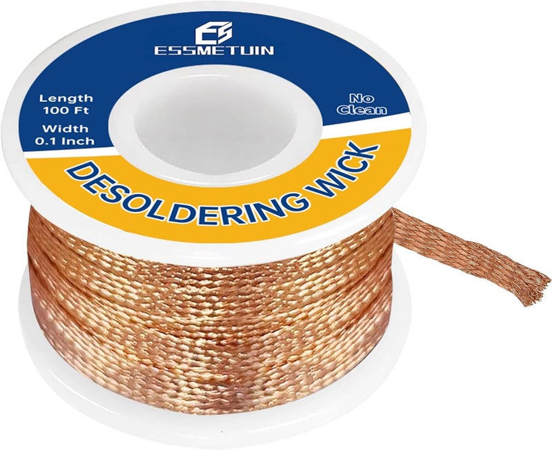 Essmetuin Essmtuin Solder Wick Braid 100Ft with Flux for Electronic, Desoldering Wick Braid Remover Solder, No-Clean Soldering Wick Used to Disassemble Electrical Components (WID 0.1in (2.5mm) - Image 1